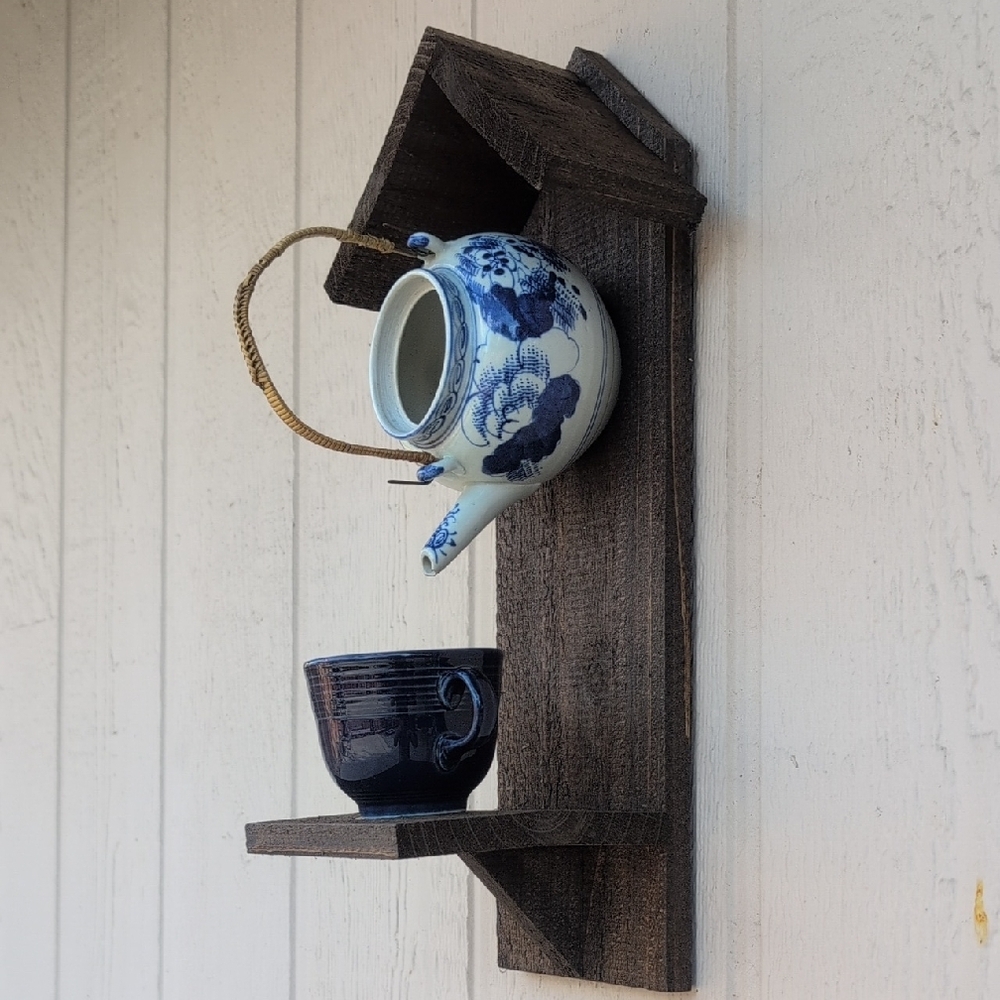Rustic Wooden Handcrafted Bird Feeder Teapot Blue Bird Cafe - Picture 2 of 16